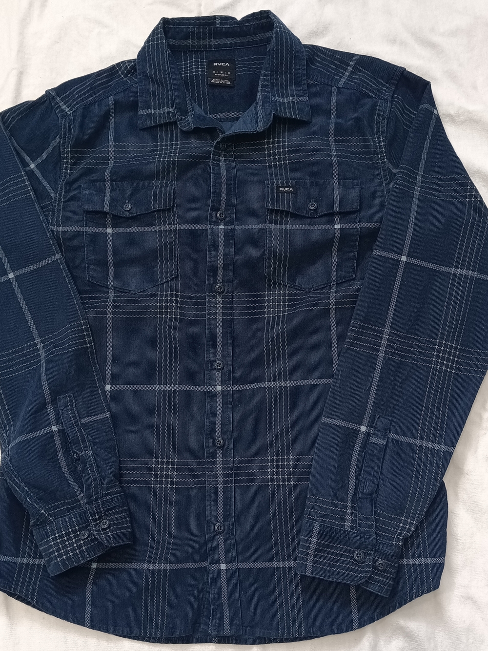RVCA Men's Navy Plaid Button-Down Cotton Long Sleeve Shirt